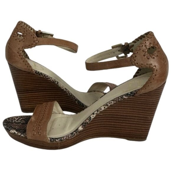 Jack Rogers Brown Wedge Sandals Womens Size 8.5 M Leather Bohemian Brazil Snake - Picture 5 of 16